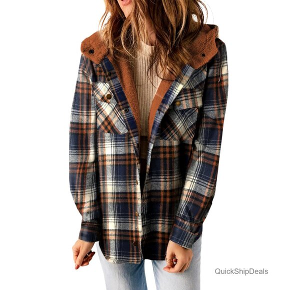 Women's Plaid Fleece Hooded Shacket Jacket Long Sleeve Button Down Coat